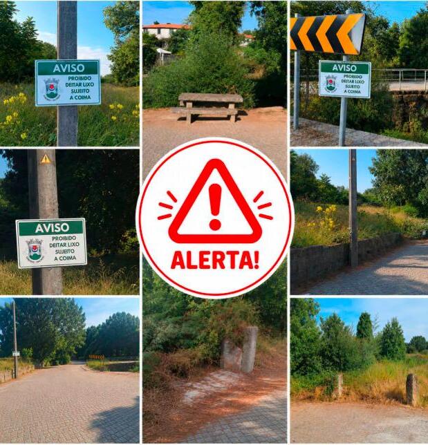 Avisos colocados junto à Ponte da Pinguela, em Sobrado, após limpeza de lixo ilegal