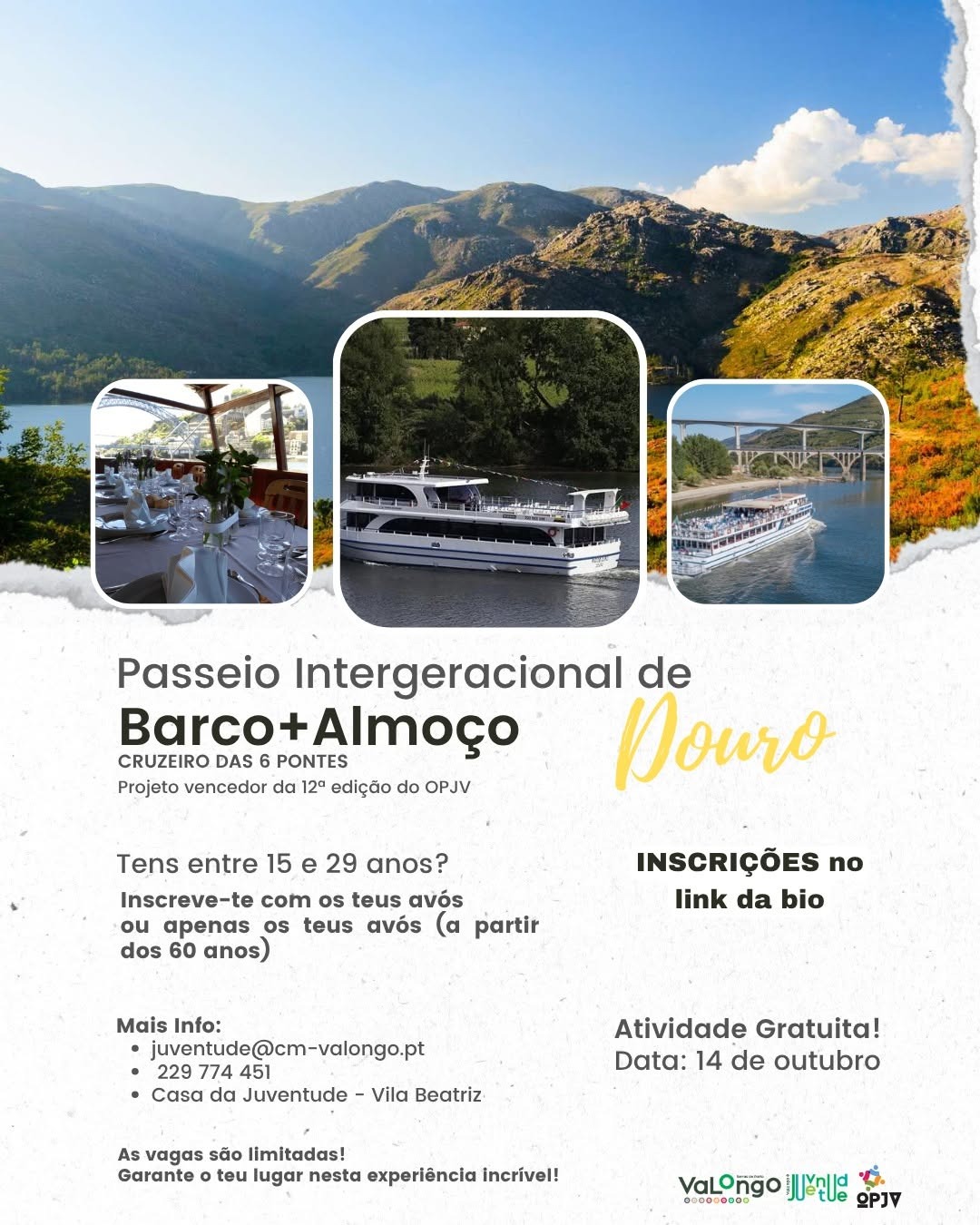 Cartaz do passeio intergeracional de barco pelo Douro do Orçamento Participativo Jovem de Valongo